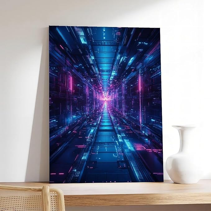 High-Tech Digital Abstract Wall Art – Glowing Geometric Canvas Print – Minimalist Futuristic Aesthetic Home Decor Modern Wall Prints Abstract Geometric Minimalist Art Framed Canvas Prints For Office B