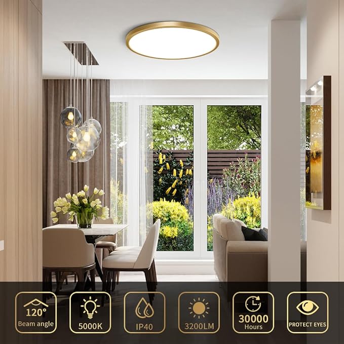 12 Inch Gold LED Ceiling Light, 5000K Daylight White, 24W Gold Flush Mount Ceiling Light, 3200LM Round Low Profile Ceiling Lights for Bedroom Kitchen Hallway Entryway