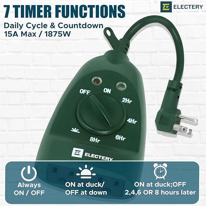 Outdoor Timer Outlet 2-Pack, Green Waterproof Dusk-to-Dawn Plug-in with Light Sensor, 24-Hour Mechanical Countdown, Heavy-Duty 15A UL Listed for Garden, Pool Pump, Holiday Lights