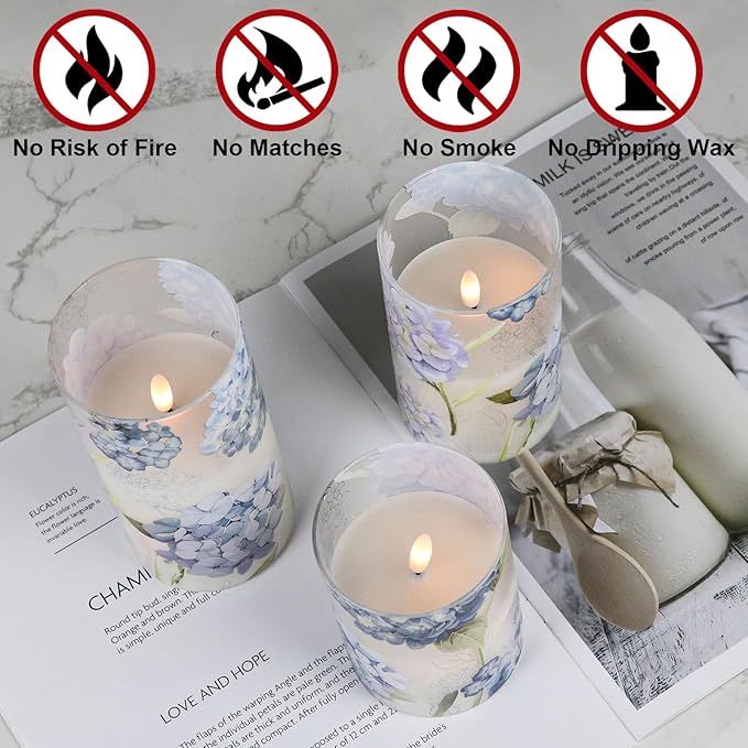 DRomance Rechargeable Hydrangea Glass Flameless Candles with Remote Timer Battery Operated LED Flickering Pillar Candles Real Wax Spring Dinner Christmas Holiday Decor D3 x H4, 5", 6"
