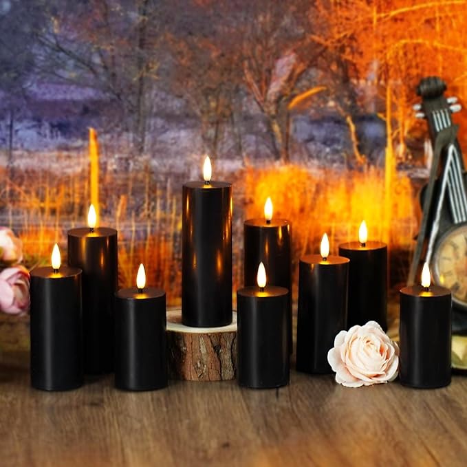 Flameless Candles Real Wax Realistic Pillar Candles, 9 Packs Battery Operated LED Candles with Remote Timer, Ideal for Halloween Home Decor（D 1.6"*H 4" 4.5" 5.5" ）