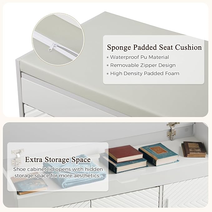 ECOTOUGE Storage Bench, Shoe Bench with Lift Top Storage, Entryway Bench with Cushioned Seat, Adjustable Shelf for Living Room, Bedroom, Hallway, Light Grey