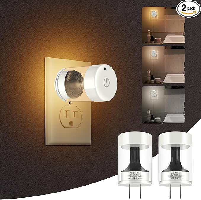 2 Pack LED Night Light Plug into Wall 3000K/4000k/5000K Adjustable Color Temperature Night Light,Touch Control Nightlight Dimmable,Built in Dusk to Dawn Sensor for Bathroom Hallway Kitchen