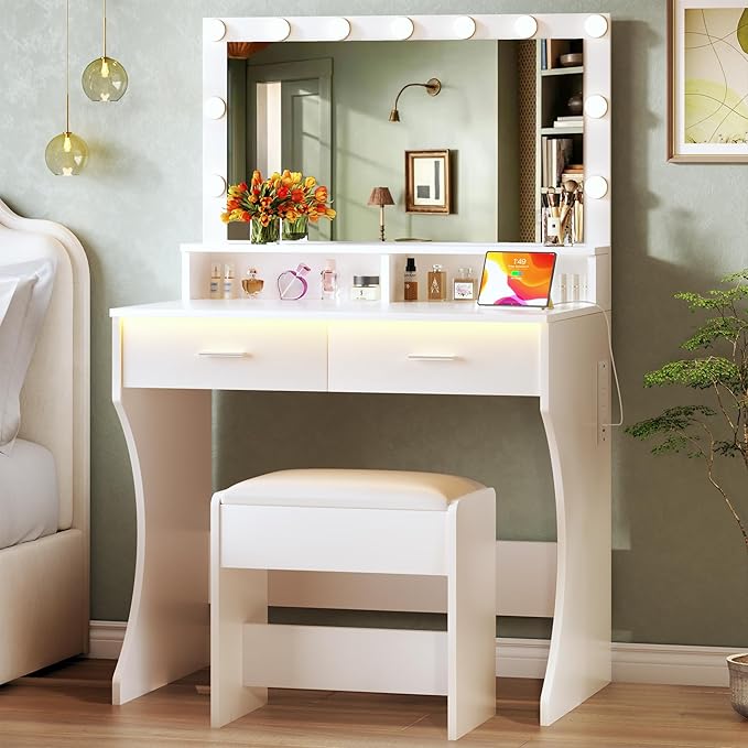Vanity Desk with Mirror and Lights, Small Makeup Vanity with Power Outlets and RGB LED Strip, Bedoom Vanity Table Set with Cushion Stool and 2 Storage Drawers, 3 Color Modes, Bright Adjustable, White