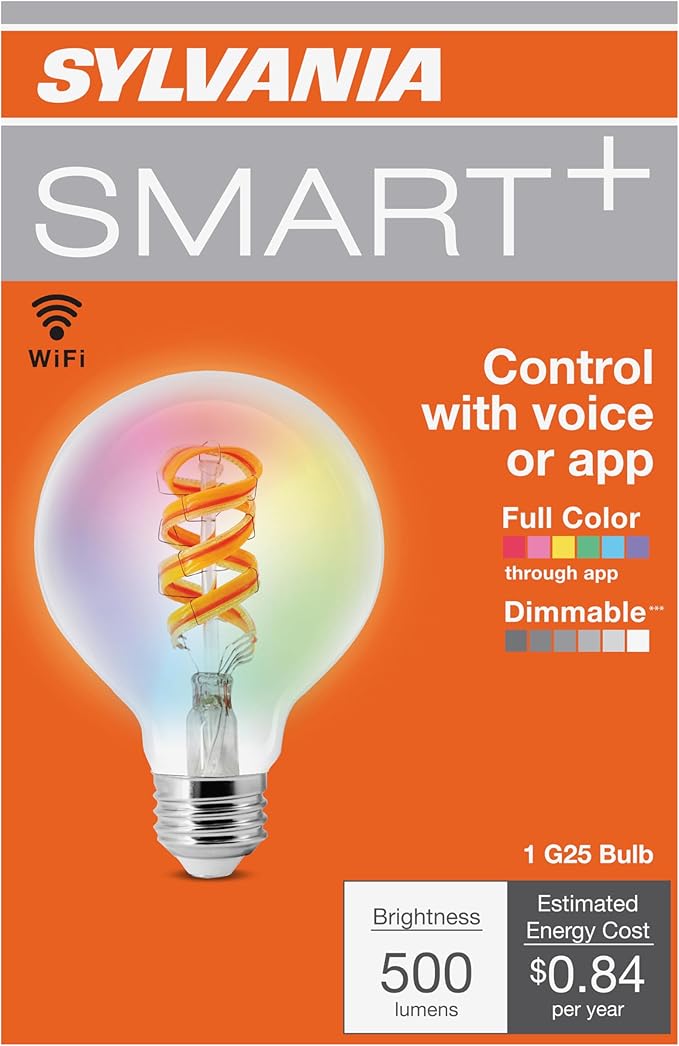 Sylvania WiFi LED Smart G25 RGBW Color and Amber Finish Filament Light Bulb, 7W Efficient, for Alexa/Google Assistant, 2000K, No Hub Required, Clear - 1 Pack (75808)