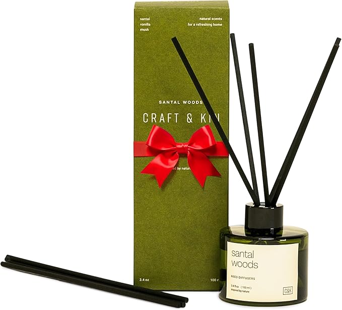 Craft & Kin Santal Woods Christmas Reed Diffuser | All Natural Essential Oil & Rattan Scent Sticks | Holiday Reed Diffusers for Home, Bathroom | Long Lasting Home Fragrance in Green Glass, 3.4oz