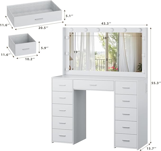 Large Vanity Desk with Mirror and Lights, 43.3" Makeup Vanity Desk with Lights, 3 Color Hollywood Bulbs, White Vanity with 11 Fabric Storage Drawers & Power Outlets for Bedroom Dressing Room