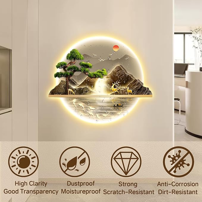 Zen Wall Art Decor with Led Light, Welcoming Pine Wall Decor Art, 3D Wall Sculpture Painting Decoration, Landscape Wall Sculptures for Living Room Bedroom Entrance (A, 60×72cm)