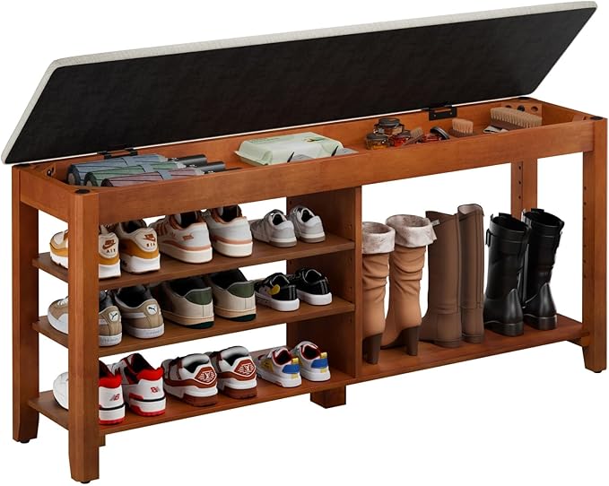 Shoe Bench with Flip-Top Storage, Solid Wood Entryway Bench with Cushion, Adjustable Shelf, Shoe Rack Front Door Entrance Organizer for Hallway, Living Room, Mudroom (Beige, 47.2" L)