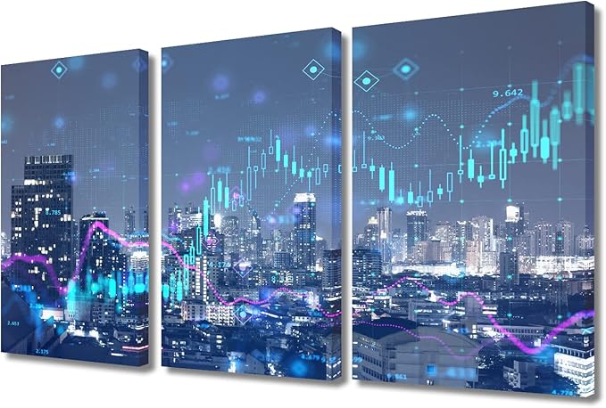 TUMOVO 3 Pieces Digital Financial Stock Market Chart on Technology Abstract Background and Night City Skyline Pictures Wall Decor Living Room Modern Home Decor Framed Ready to Hang (36" Wx24 H)