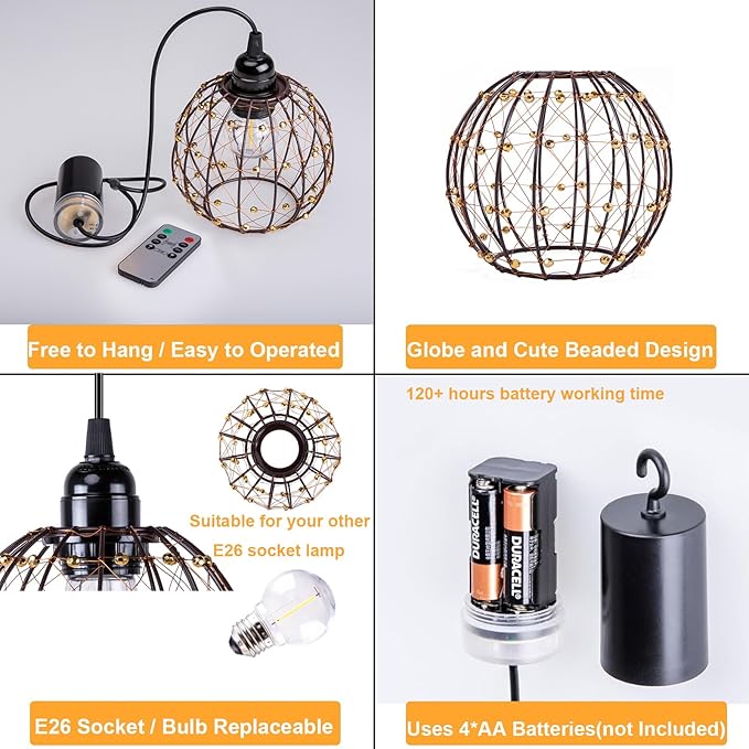 Hanging Pendant Lights, Battery Operated Outdoor Chandelier with Warm White LED Bulb for Patio Tree Pergola Gazebo Porch (Beaded Ball-G50-2PK)