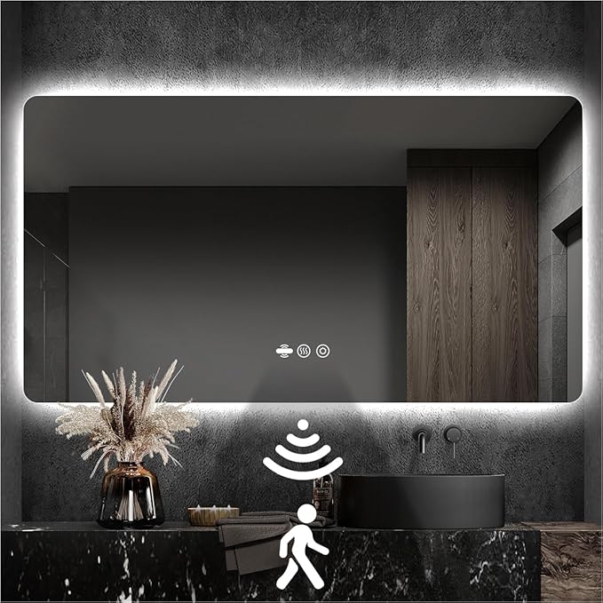 42 x 36 LED Bathroom Mirror, Frameless Rounded Corner Rectangle Backlit Mirror Bathroom, Anti-Fog, 3-Color Stepless Dimmable Lighted Mirror, Motion Sensor Lights, Memory Function