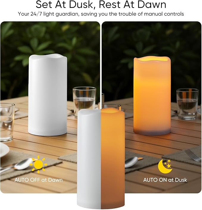 Raycare 3"x6" Outdoor Waterproof Flameless Candles-Auto Light Sensor Dusk to Dawn, 2Pcs Flickering LED Candle, Battery Operated Electric Fake Pillar Candle for Garden, Porch, Patio, Lantern Decor