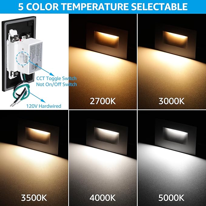 LEONLITE Black 5CCT 120V LED Step Lights, 3.5W 150LM 5%-100% Dimmable Horizontal Stair Lights Indoor Outdoor Wet Location, CRI90+ & ETL, 2700K/3000K/3500K/4000K/5000K, Aluminum, Pack of 3