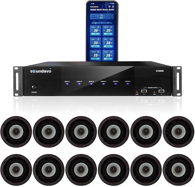 WS66i Whole Home Audio System with Ceiling Speakers x 12 pcs – 6 Zone Multi-Room Amplifier | AirPlay, Spotify Connect, DLNA | App Controlled Home Speaker System (6.5" Speakers + WS66i AMP)