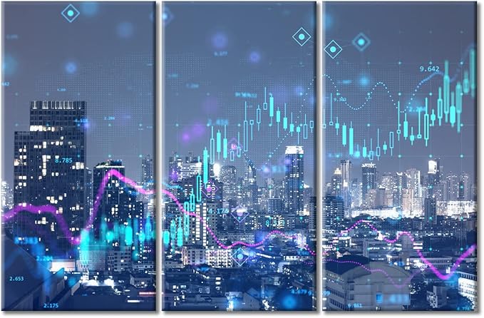 TUMOVO Home Decor Night City Skyline Digital Financial Stock Market Chart Paintings Wall Art 3 Pieces Rustic Home Decor Posters and Prints Stretched and Framed Ready to Hang (60" Wx40 H)