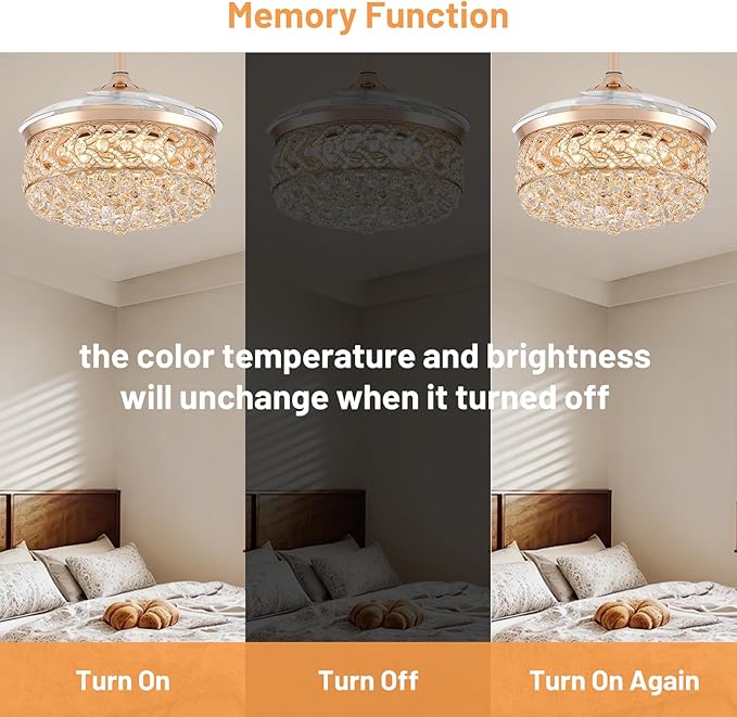 Crystal Fandelier Ceiling Fan with Light and Remote Dimmable 500-6500K Retractable Blades Chandelier Ceiling Fan with Memory Function Modern Ceiling Fans with Lights for Bedroom 42 Inch Gold