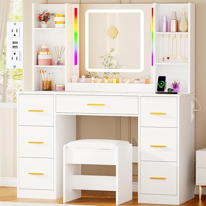 ANWBROAD Makeup Vanity Desk with Mirror and Lights 3 Colors Large Vanity Table with 7 Drawers & RGB Lights White Makeup Table with Charging Station 6 Storage Shelves Stool for Bedroom Women UBDT96W