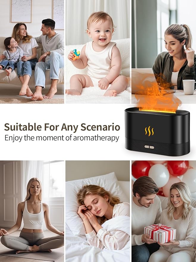Flame Essential Oil Diffuser, 180ml Aromatherapy Diffuser with 7-Color LED Lights, Auto Shut-Off, Ultrasonic Cool Mist Humidifier for Home, Bedroom, Office, Gift (Black)