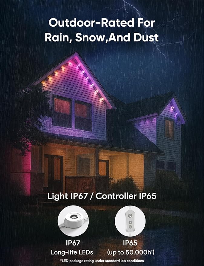 Smart Permanent Outdoor Lights, RGB with IC + Warm White 2700K, Under-Eave Lighting, Wi-Fi/Voice/Remote Control, 100ft/72 LEDs/IP67 Light / IP65 Controller, 111+ Scenes/Music Sync, Alexa/Google