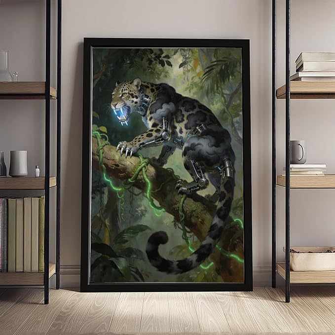 Framed Steampunk Mechanical Leopard Wall Art - Jungle Futuristic Beast Poster for Man Cave Living Room Decor 08x12in