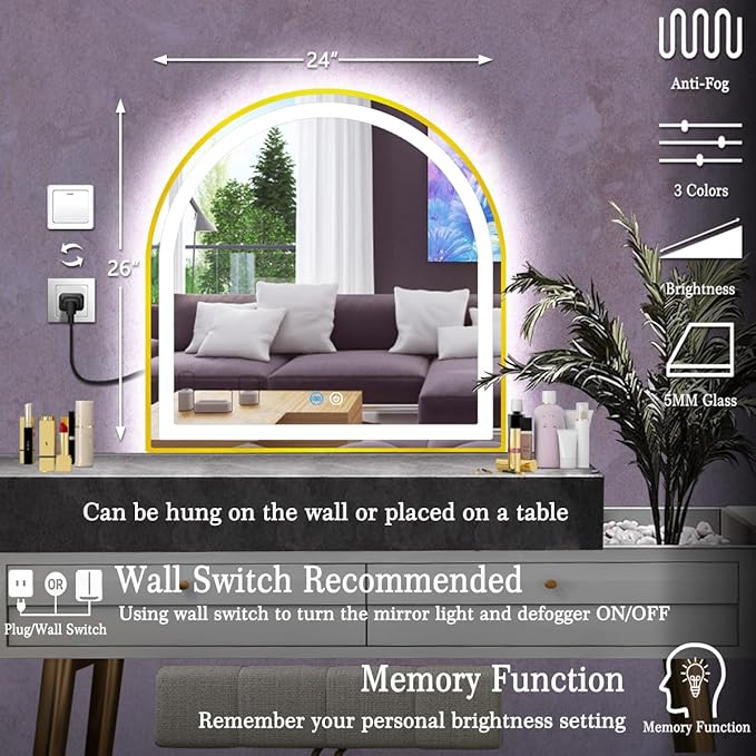 24 x 26 Inch Gold Arch LED Mirror for Bathroom Wall Makeup Desk Table Gold Arched Vanity Mirror with Lights AntiFog Smart Memory 3 Color Dimmable 26 Golden Frame Arched Lighted Vanity Mirrors
