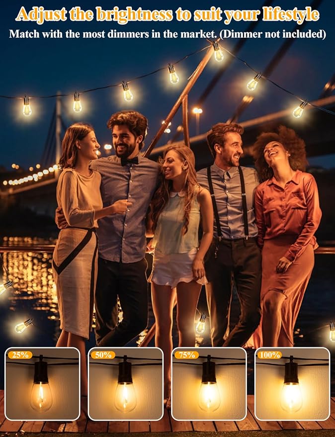 Brightever LED Outdoor String Lights, 60FT Patio Lights with 17 Shatterproof S14 Vintage Edison Bulbs(1 Spare), Outside Hanging Lights Waterproof for Porch, Garden, Deck, Backyard, 2700K Dimmable