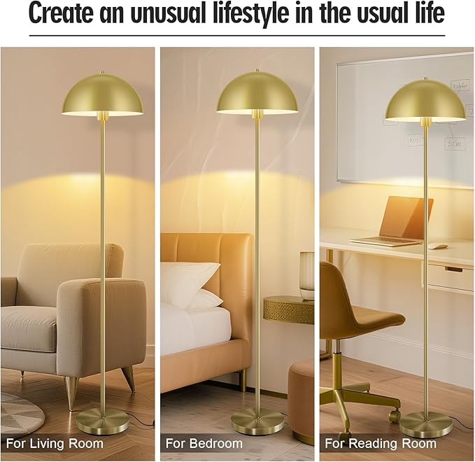 Modern Floor Lamps for Living Room, Gold Metal Mushroom Lamp, 66" Tall Corner Lamp, Footswitch, Bright Industrial Standing Lamps for Bedroom Nursery, Mid Century Modern Home Decor(E26 Base, NO BULB)