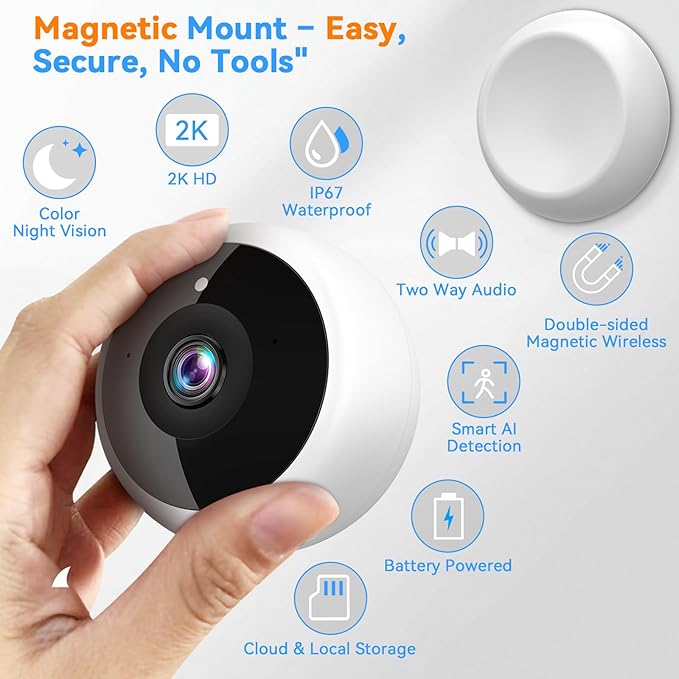 Magnetic Security Camera Wireless - 4Pack AI Motion Detection, 2K HD Video, Battery Powered, Ease of Setup, 2-Way Audio,IR Color Night Vision, Waterproof, Outdoor & Indoor Surveillance