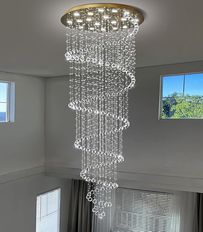 W40 x H118in Gold Chandelier with LED Bulbs Glam Crystal Light Hight Ceiling Lighting Fixtures for Living Staircase Foyer Entryway