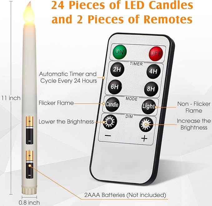 Tuanse 24 Pack Flameless Taper Candles with Remote & Timer, 11" Flickering 3D LED Battery Operated Window Candlesticks, Dimmable for Wedding Table Centerpieces Home Valentine’s Decor(Ivory)