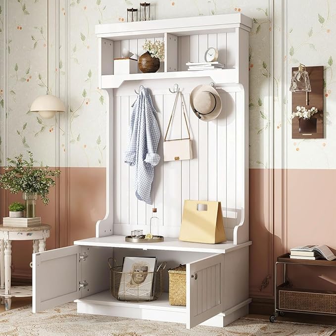 Hall Tree, Modern 4-in-1 Storage Hall Tree with Bench, Multi-Purpose Home Organizer with Coat Rack and Hooks, Entryway Coat Rack for Living Room, Hallway,White