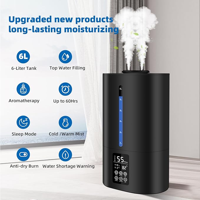 6L Humidifiers for Bedroom Large Room Home, Cool and Warm Humidifier for Plants Mist Top Fill Desk Humidifiers Essential Oil Diffuser, Quiet Humidifier with Adjustable Mist,360°Nozzle-Midnight Black