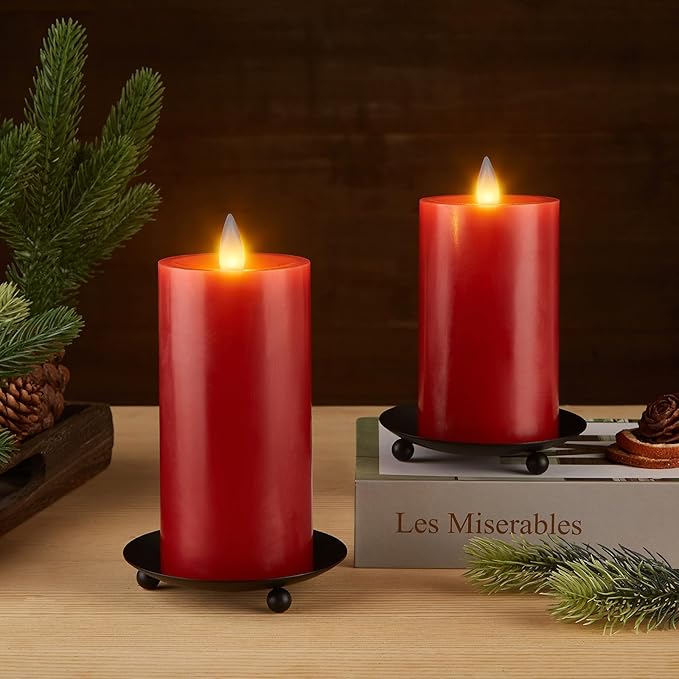 Flameless Pillar Candles Flickering with Remote Timer, Battery Operated LED Candles Up to 400 Hours, 3D Moving Flame Real Wax Candles. (Red)