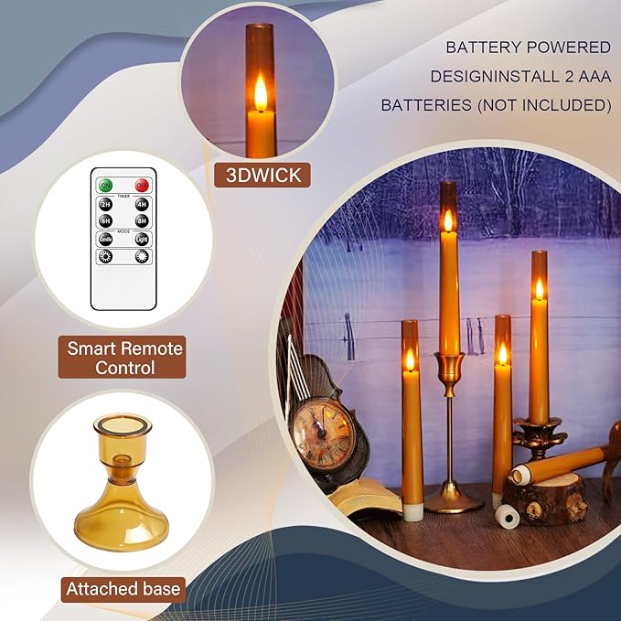 Flameless Taper Candles with Remote and Timer - 6 Pack LED Candles, Battery Operated, for Home, Wedding, Party (Gold)
