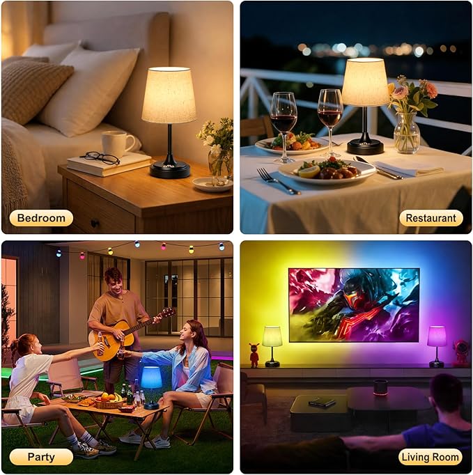 Small Cordless Table Lamp Rechargeable,5000mAh Battery Operated Desk Lamp,3 Colors & 7 RGB Stepless Dimmable,Touch Ambient Light for Bedside,Bedroom,Dining Room,Living Room,Black,FlaxenShade