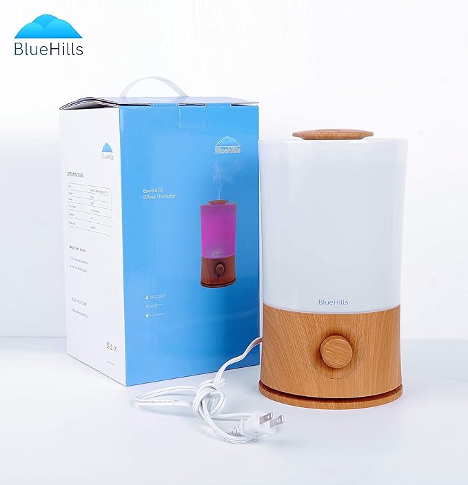 BlueHills Premium 2000 Ml Set of 2 Large Essential Oils Diffusers for Large Rooms Big Capacity Models Adjustable Cool Mist Great Gift – Value Pack of 2 Wood Grain and White