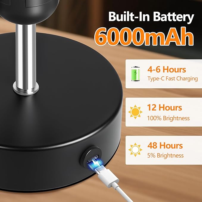 2-Pack Cordless Table Lamps, Black Rechargeable Bedside Lamps Dimmable, Portable 6000mAh Battery Operated LED Desk Lamps, Modern Touch Control Wireless Lamps, Small Lamps for Bedroom, White Shade
