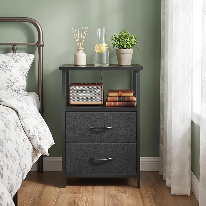 Fixwal Black Night Stand with Charger Station, Nightstand with Charging Station & Fabric Drawers