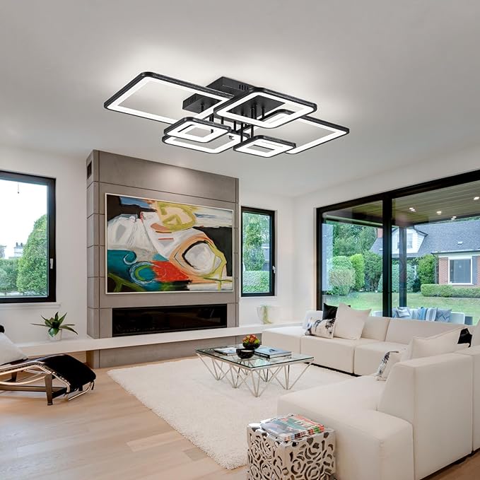 Modern LED Ceiling Light Fixture Black Kitchen Lighting Fixtures Ceiling for Bedroom 31.5" Dimmable 6 Ring Square Ceiling Light for Kitchen with Remote Control for Living Room,Dining Room