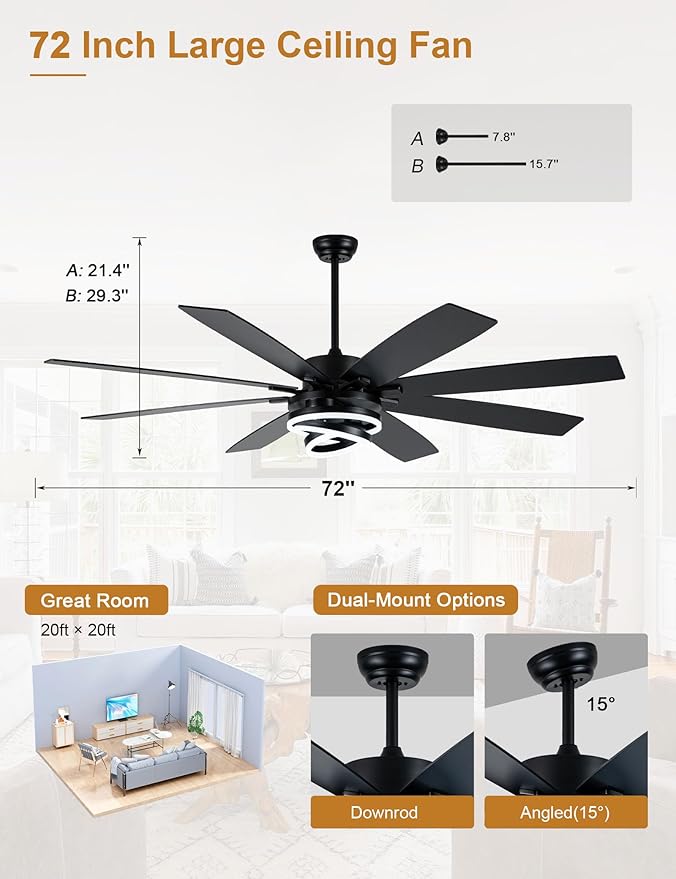 Black Ceiling Fans with Lights and Remote, 72 Inch Indoor/Outdoor Large Modern Ceiling Fan for Living Room Kitchen, Dimmable, 6 Speed Reversible DC Motor, Dual Finish