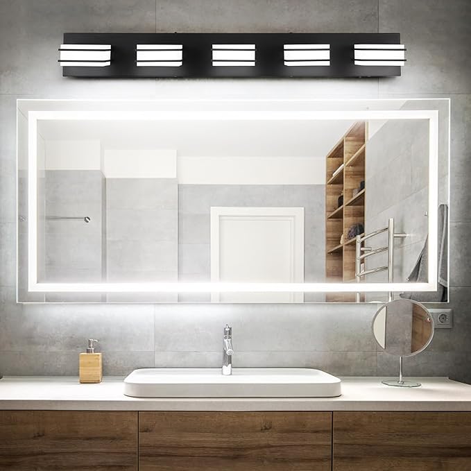 3 Color Temperature Dimmable Vanity Lighting Fixtures, LED Black 5 Light Bathroom Vanity Light Fixtures, Acrylic Stainless Steel Square Shade Vanity Lights for Bathroom, ETL Certificated
