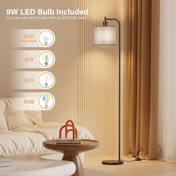Floor Lamp with Linen Shade, Dimmable Tall Standing Lamp with Remote Control & 3 Color Temperatures, Modern Corner Floor Lamps for Living Room Bedroom Office, 9W LED Bulb Included