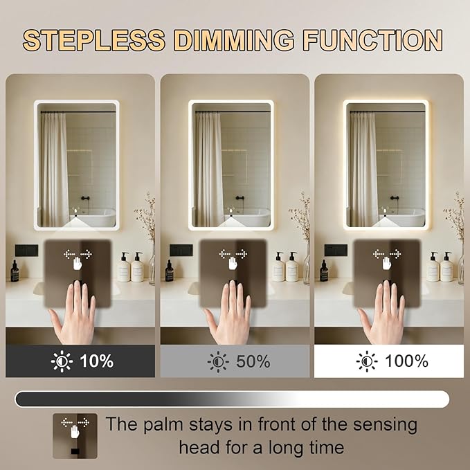 WARM&LOVE 16 x 24 Inch LED Bathroom Mirror, Hand Scan Sensor Anti-Fog Bathroom Mirror with Lights, Stepless Dimming, 3 Color Lighting, Lighted Bathroom Mirrors for Wall, Vertically Only