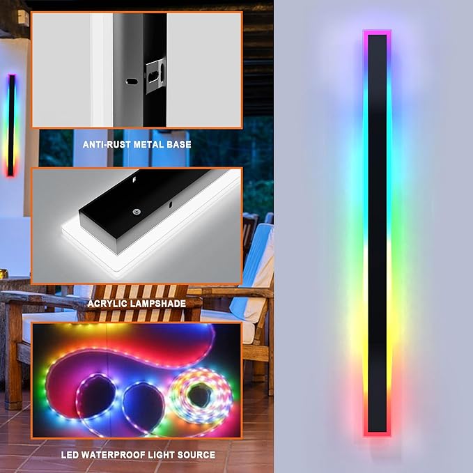 ASLONG 1PC 12In LED RGBW Wall Light with APP Control, IP66 Waterproof Smart RGB LED Wall Mount Lighting Fixture, Color Changing Ambient Light Exterior Wall Sconce for Outdoor Indoor Room Decor (1Pack)
