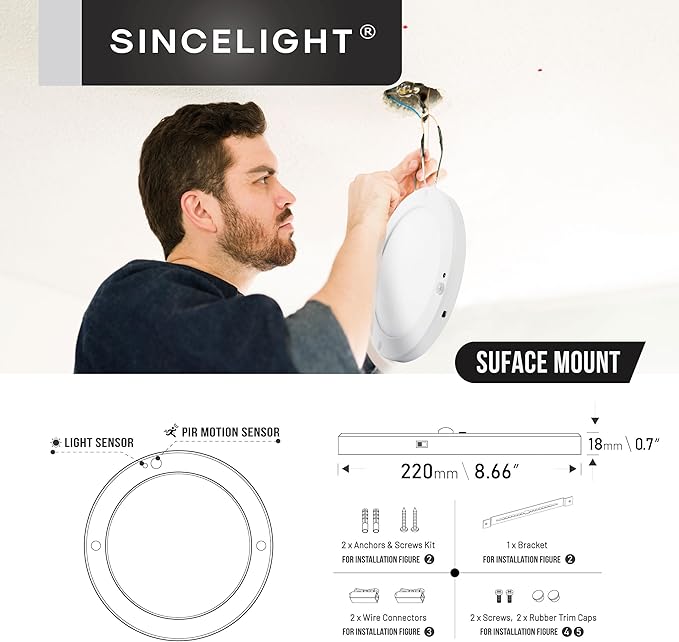 SINCELIGHT PIR Motion Sensor 18W LED Ceiling Light (Φ9''/220mm), Automatically ON/Off, Movement Activated, Dual Mode Turnable, Cool White 6000K, Surface/Flush Mount for Hallway,Porch, Pack of 1