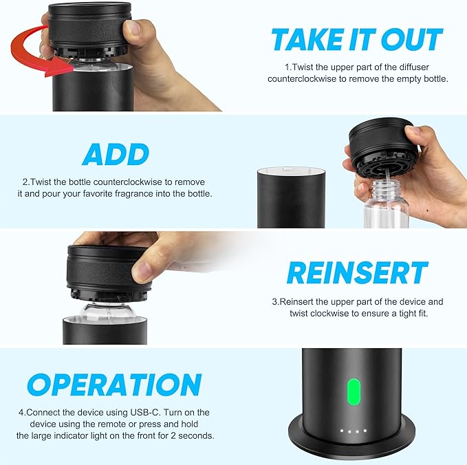 Waterless Scent Diffuser Starter Kit - Suitable for Home and Hotel Series Air Diffuser, 800 Square Inches of Coverage, 5 Kinds of Scented Essential Oils, Remote Control