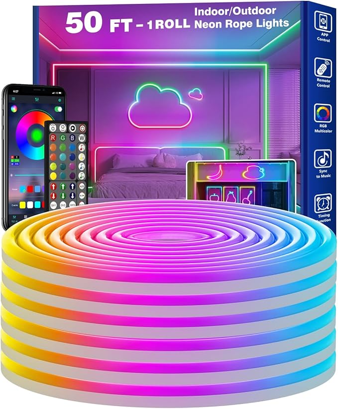 50FT LED Neon Rope Lights Waterproof with Smart App Control Remote,DIY Scene Modes,Music Sync hronization,Eaves Lights for Garden Decor,Deck,Christmas