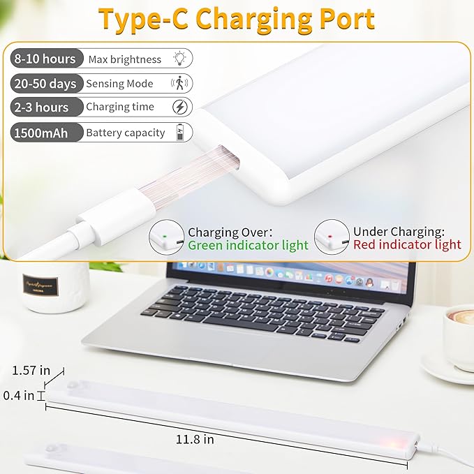Wireless Under Cabinet Lighting 12 Inch 3 Pack, Magnetic Motion Sensor Light Indoor USB C Rechargeable Closet Lights, 3 Color Dimmable LED Night Light Stick on Under Counter Lights for Kitchen Stairs