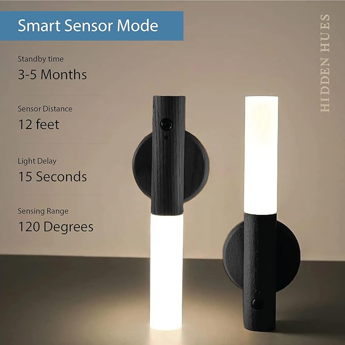 Motion Sensor Night Light Black 2pc, Magnetic LED Wall Lights Rechargeable Portable Sensor Night Light Indoor Wooden Wall Sconce for Bedroom, Staircase, Hallway, Closet Walnut Wood, Warm Lighting